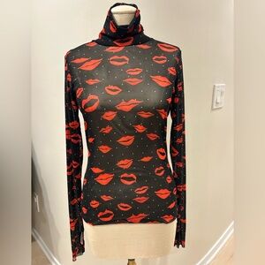 AFRM Black and Red Lip Print Long Sleeve Top
